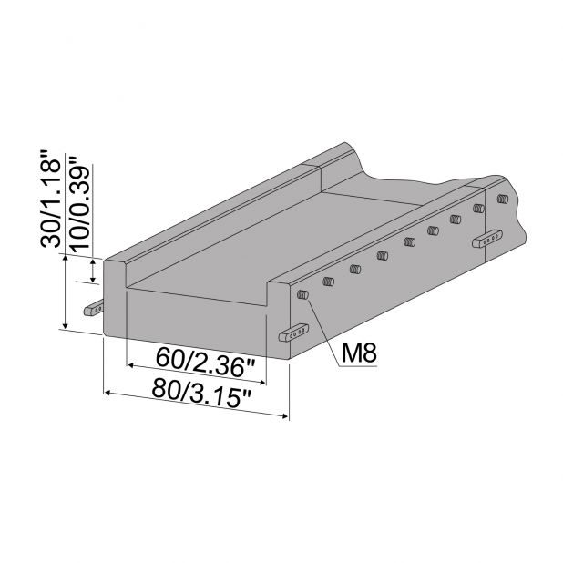 Matrizenadapterschiene Material= C45. Max. Presskraft=1000kN/m. Ideal für Matrizen mit 60 mm Basis auf 80mm A