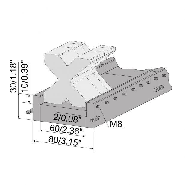 Matrizenadapterschiene Material= C45. Max. Presskraft=1000kN/m. Ideal für Matrizen mit 60 mm Basis auf 80mm A