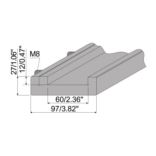 Matrizenadapterschiene Material= C45. Max. Presskraft=1000kN/m. Ideal für Matrizen mit 60 mm Basis auf 97mm A
