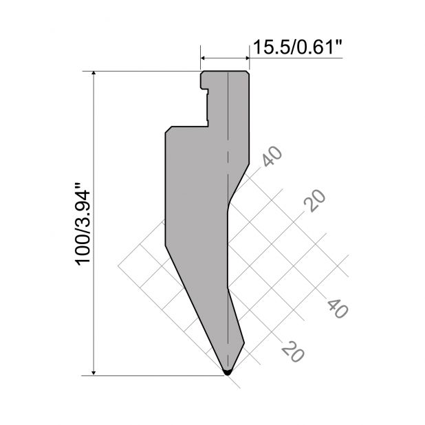 Oberwerkzeug R7 Colly mit Höhe=100mm, α=50°, Radius=1mm, Material=42cr, Max. Presskraft=1000kN/m.