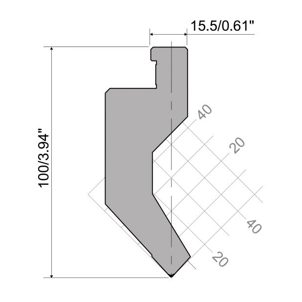 Oberwerkzeug R7 Colly mit Höhe=100mm, α=85°, Radius=0,7mm, Material=c45, Max. Presskraft=500kN/m.