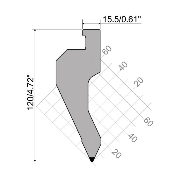 Oberwerkzeug R7 Colly mit Höhe=120mm, α=50°, Radius=1mm, Material=42cr, Max. Presskraft=550kN/m.