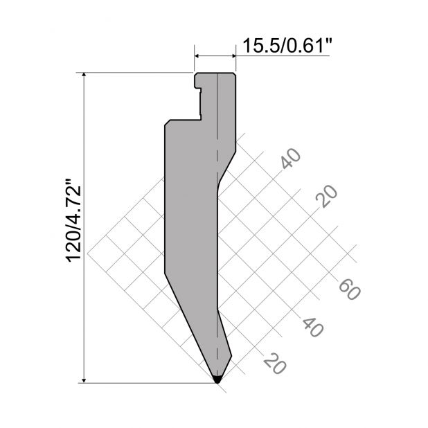 Oberwerkzeug R7 Colly mit Höhe=120mm, α=50°, Radius=1mm, Material=c45, Max. Presskraft=1000kN/m.