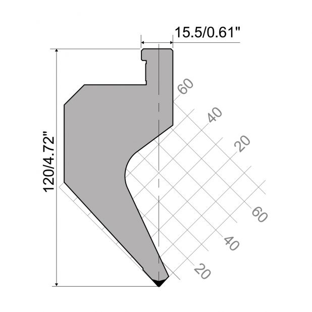 Oberwerkzeug R7 Colly mit Höhe=120mm, α=85°, Radius=0,7mm, Material=c45, Max. Presskraft=450kN/m.