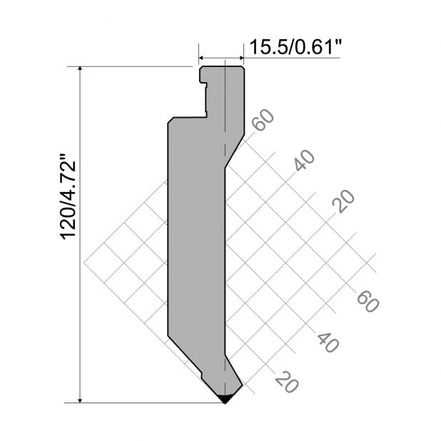 Oberwerkzeug R7 Colly mit Höhe=120mm, α=85°, Radius=0,7mm, Material=c45, Max. Presskraft=700kN/m.