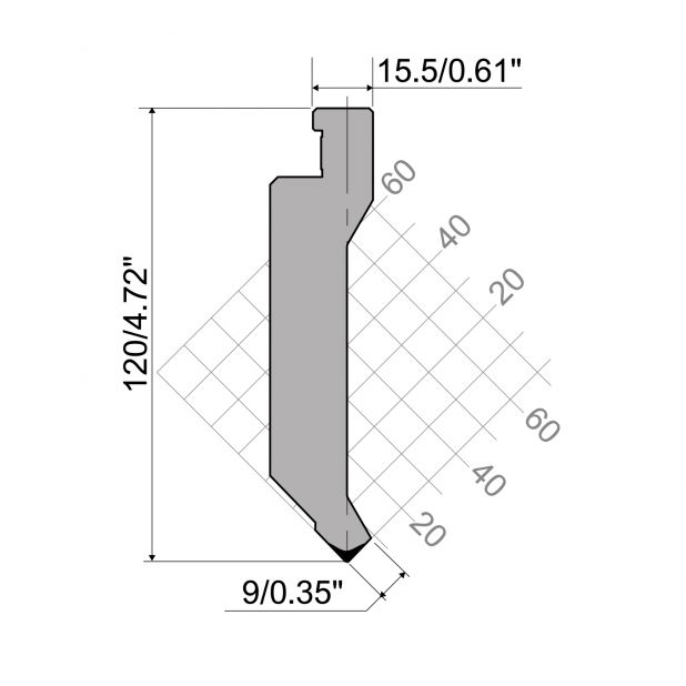 Oberwerkzeug R7 Colly mit Höhe=120mm, α=88°, Radius=0,8mm, Material=c45, Max. Presskraft=700kN/m.