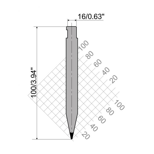 Oberwerkzeug R7 Colly mit Höhe=200mm, α=24°, Radius=1mm, Material=c45, Max. Presskraft=1300kN/m.