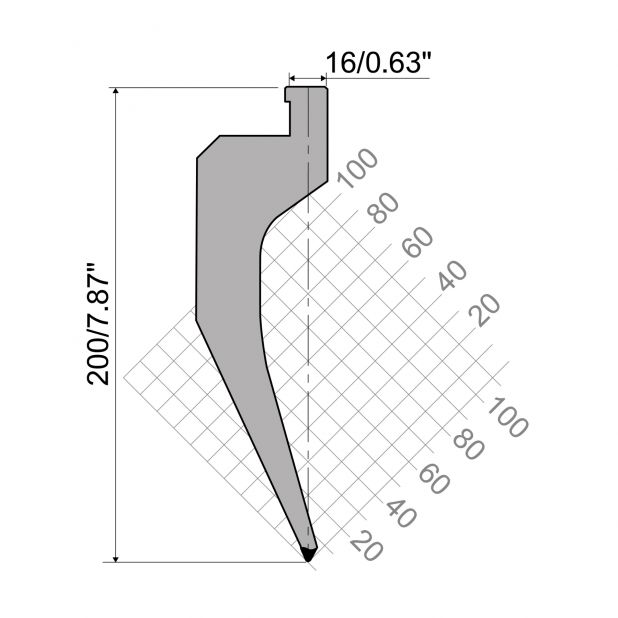 Oberwerkzeug R7 Colly mit Höhe=200mm, α=50°, Radius=1mm, Material=42cr, Max. Presskraft=550kN/m.