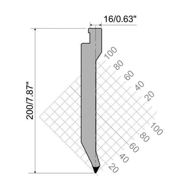 Oberwerkzeug R7 Colly mit Höhe=200mm, α=50°, Radius=1mm, Material=42cr, Max. Presskraft=1000kN/m.