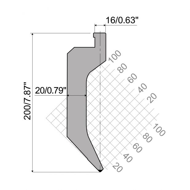 Oberwerkzeug R7 Colly mit Höhe=200mm, α=85°, Radius=0,7mm, Material=42cr, Max. Presskraft=750kN/m.