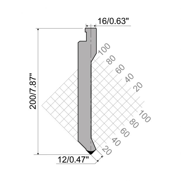 Oberwerkzeug R7 Colly mit Höhe=200mm, α=85°, Radius=0,7mm, Material=42cr, Max. Presskraft=1000kN/m.
