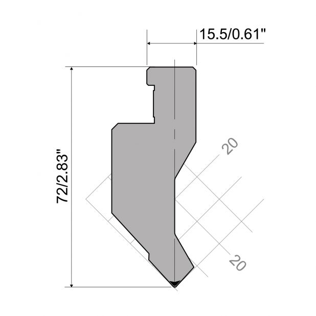 Oberwerkzeug R7 Colly mit Höhe=72mm, α=90°, Radius=0,8mm, Material=c45, Max. Presskraft=700kN/m.