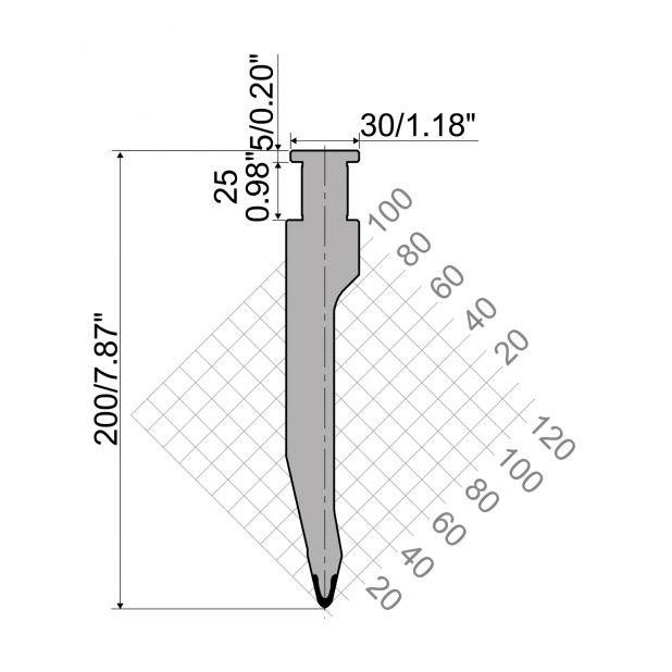 Oberwerkzeug RX Gasparini mit Höhe=200mm, α=26°, Radius=3mm, Material=42cr, Max. Presskraft=1300kN/m.