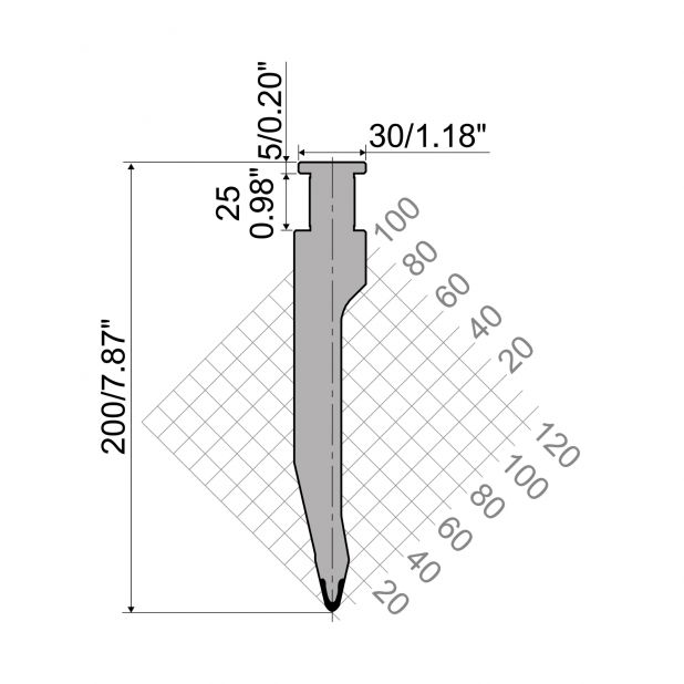 Oberwerkzeug RX Gasparini mit Höhe=200mm, α=26°, Radius=6mm, Material=42cr, Max. Presskraft=1300kN/m.