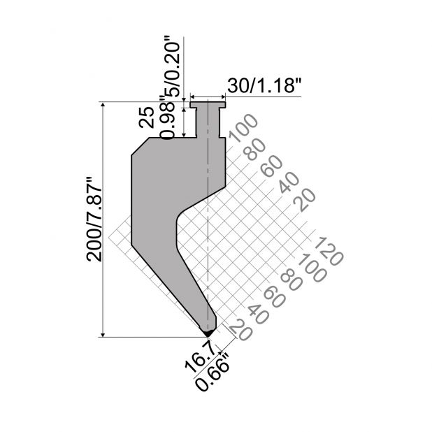 Oberwerkzeug RX Gasparini mit Höhe=200mm, α=70°, Radius=3mm, Material=42cr, Max. Presskraft=1000kN/m.