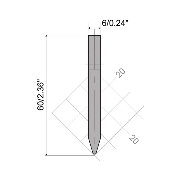 Oberwerkzeug R6 Hämmerle mit Höhe=60mm, α=30°, Radius=1mm, Material=HRc 58-60, Max. Presskraft=1000kN/m.