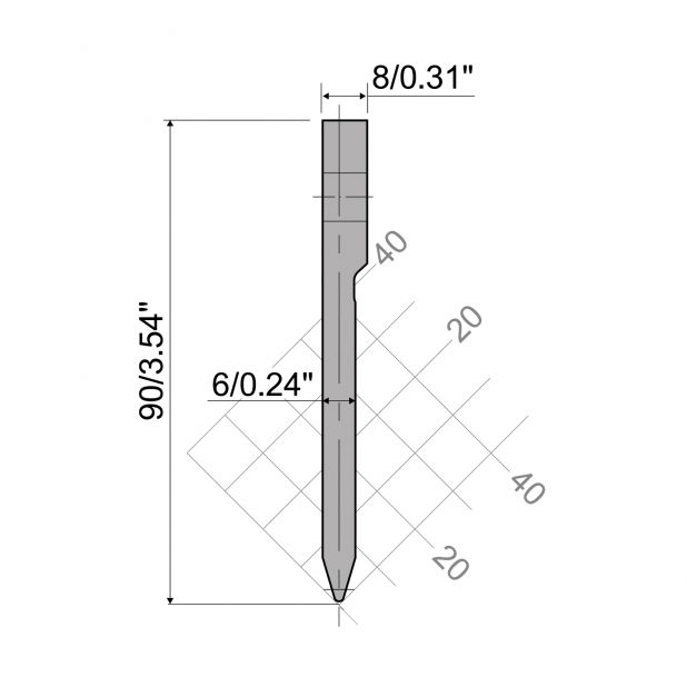 Oberwerkzeug R6 Hämmerle mit Höhe=90mm, α=30°, Radius=1mm, Material=HRc 58-60, Max. Presskraft=1000kN/m.