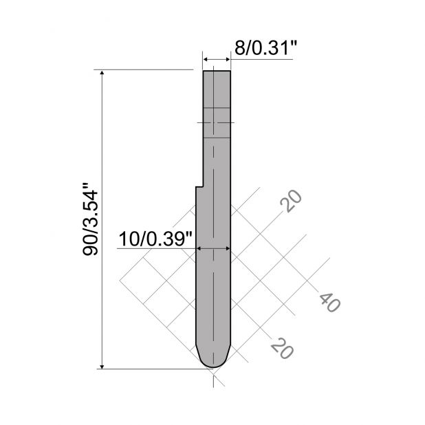 Oberwerkzeug R6 Hämmerle mit Höhe=90mm, α=30°, Radius=4mm, Material=HRc 58-60, Max. Presskraft=1000kN/m.
