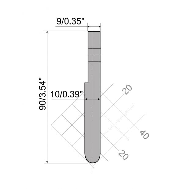 Oberwerkzeug R6 Hämmerle mit Höhe=90mm, α=°, Radius=5mm, Material=HRc 58-60, Max. Presskraft=1000kN/m.