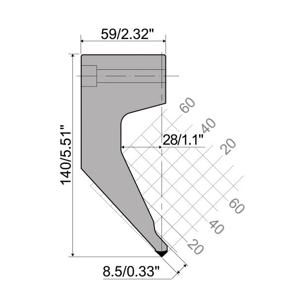 Oberwerkzeug R6 Hämmerle mit Höhe=140mm, α=°, Radius=1mm, Material=42cr, Max. Presskraft=975kN/m.