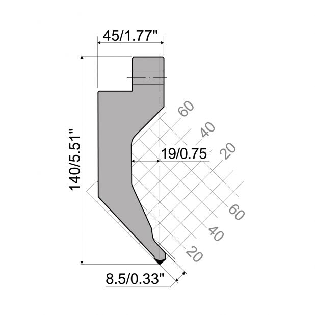 Oberwerkzeug R6 Hämmerle mit Höhe=140mm, α=85°, Radius=1mm, Material=42cr, Max. Presskraft=975kN/m.