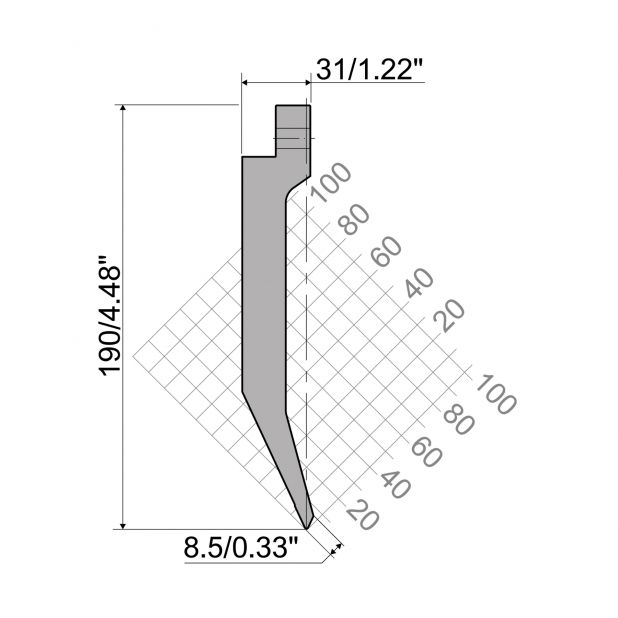 Oberwerkzeug R6 Hämmerle mit Höhe=90mm, α=55°, Radius=mm, Material=42cr, Max. Presskraft=750kN/m.
