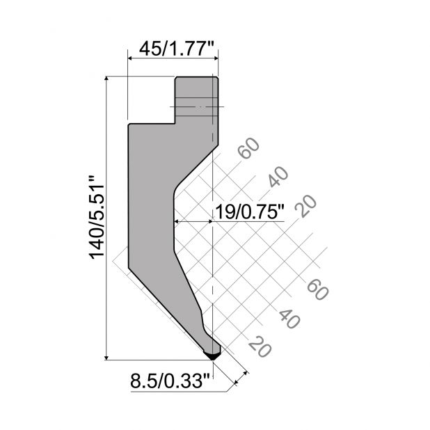 Oberwerkzeug R6 Hämmerle mit Höhe=140mm, α=°, Radius=0,2mm, Material=42cr, Max. Presskraft=975kN/m.