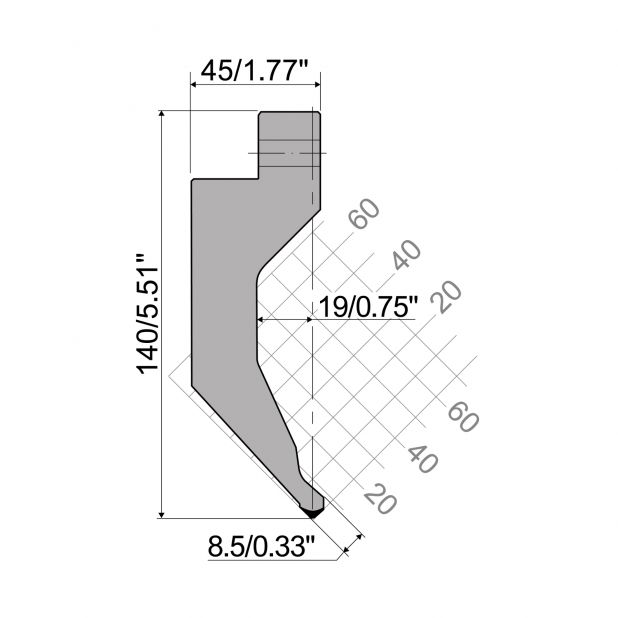 Oberwerkzeug R6 Hämmerle mit Höhe=140mm, α=°, Radius=2mm, Material=42cr, Max. Presskraft=975kN/m.