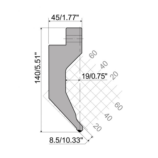 Oberwerkzeug R6 Hämmerle mit Höhe=140mm, α=°, Radius=3mm, Material=42cr, Max. Presskraft=975kN/m.