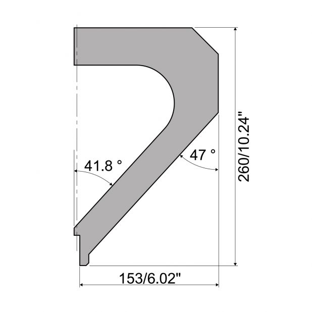 Oberwerkzeug R6 Hämmerle mit Höhe=260mm, α=°, Radius=mm, Material=c45, Max. Presskraft=600kN/m.