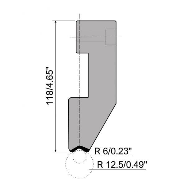 Oberwerkzeug R6 Hämmerle mit Höhe=118mm, α=°, Radius=mm, Material=c45, Max. Presskraft=1000kN/m.