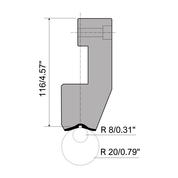 Oberwerkzeug R6 Hämmerle mit Höhe=116mm, α=°, Radius=mm, Material=c45, Max. Presskraft=1000kN/m.