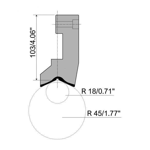 Oberwerkzeug R6 Hämmerle mit Höhe=103mm, α=°, Radius=mm, Material=c45, Max. Presskraft=1000kN/m.