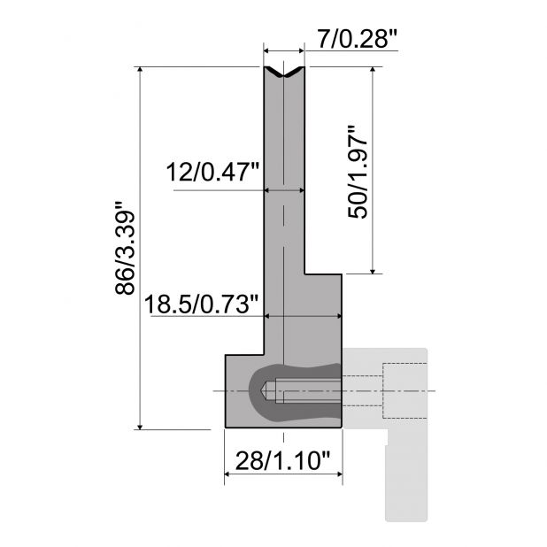 Matrize R6 Hämmerle mit Höhe=86mm, α=90°, Material=42cr, Max. Presskraft=1000kN/m.