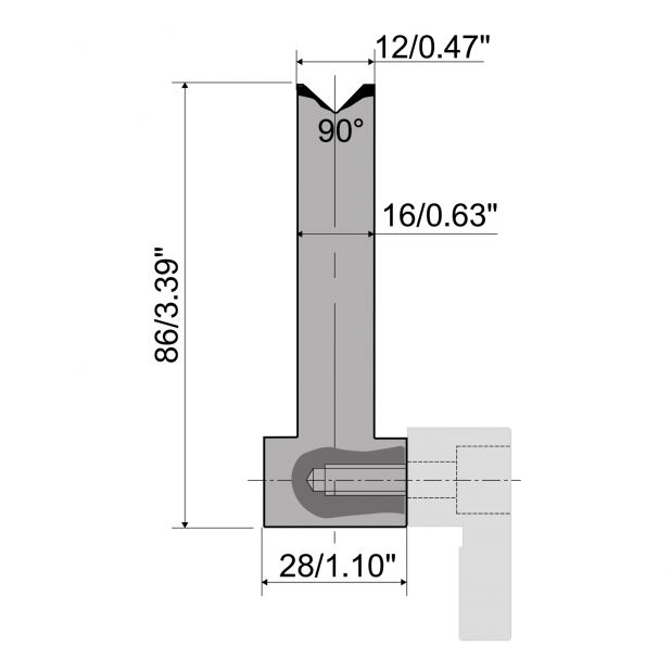 Matrize R6 Hämmerle mit Höhe=86mm, α=90°, Material=42cr, Max. Presskraft=1000kN/m.