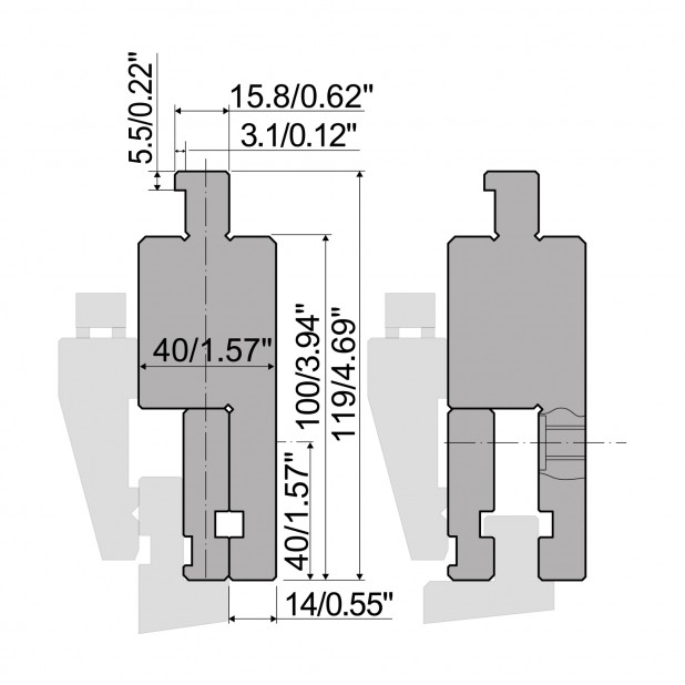 Zwischenstück Typ R5, mit Arbeitshöhe=100mm, Material=C45, Max. Presskraft=1000kN/m.