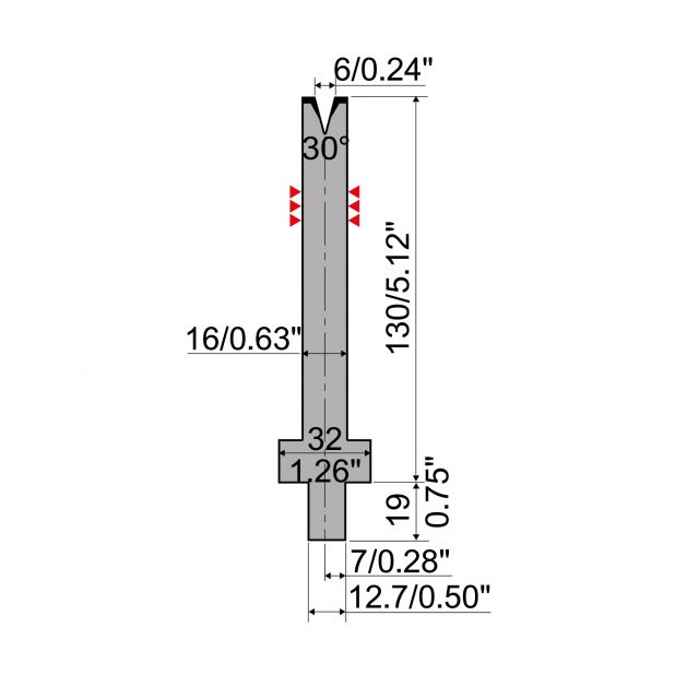 Matrize R4 mit Arbeitshöhe=13mm, α=30°, Radius=0.8mm, Material=42Cr, Max. Presskraft=200kN/m.