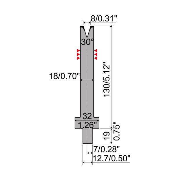Matrize R4 mit Arbeitshöhe=130mm, α=30°, Radius=1mm, Material=42Cr, Max. Presskraft=220kN/m.
