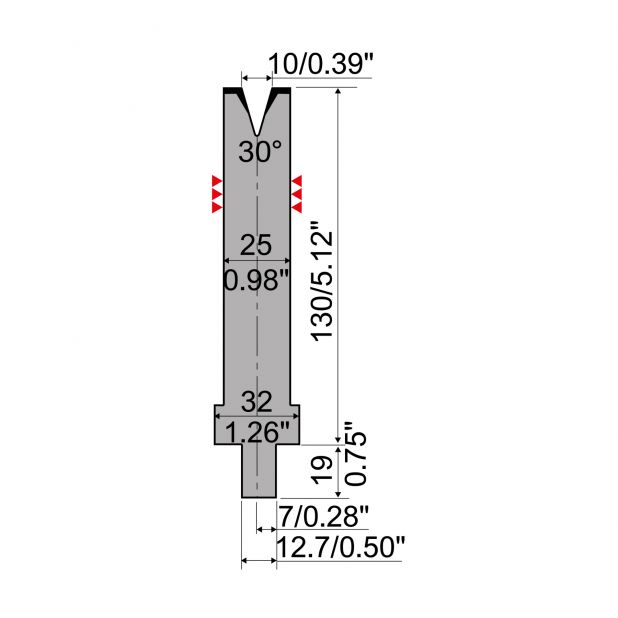 Matrize R4 mit Arbeitshöhe=130mm, α=30°, Radius=1.2mm, Material=42Cr, Max. Presskraft=300kN/m.