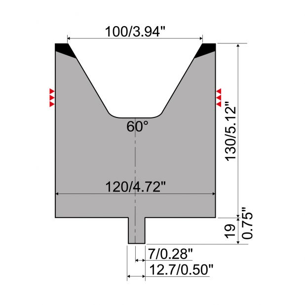 Matrize R4 mit Arbeitshöhe=130mm, α=60°, Radius=8mm, Material=42Cr, Max. Presskraft=1600kN/m.