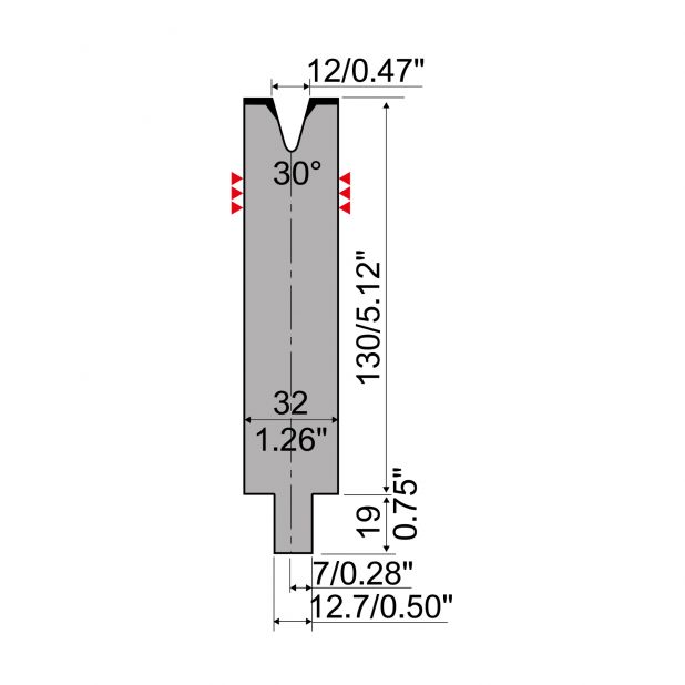 Matrize R4 mit Arbeitshöhe=130mm, α=30°, Radius=2mm, Material=42Cr, Max. Presskraft=380kN/m.