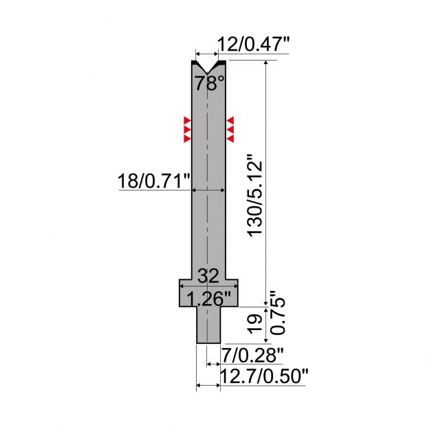 Matrize R4 mit Arbeitshöhe=130mm, α=78°, Radius=2mm, Material=42Cr, Max. Presskraft=600kN/m.