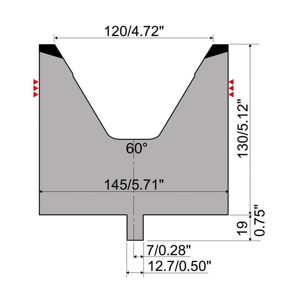 Matrize R4 mit Arbeitshöhe=130mm, α=60°, Radius=8mm, Material=42Cr, Max. Presskraft=1300kN/m.