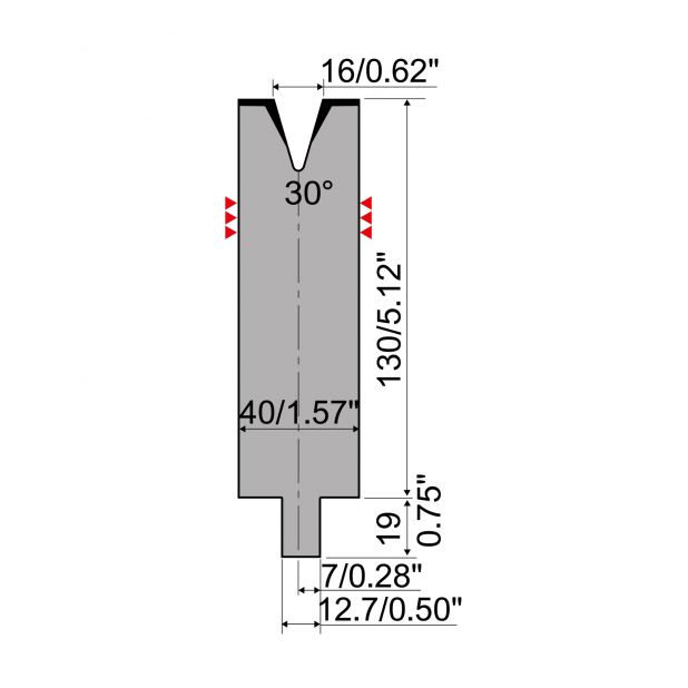 Matrize R4 mit Arbeitshöhe=130mm, α=30°, Radius=3mm, Material=42Cr, Max. Presskraft=380kN/m.