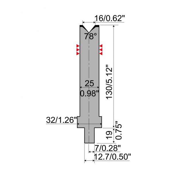 Matrize R4 mit Arbeitshöhe=130mm, α=78°, Radius=3mm, Material=42Cr, Max. Presskraft=800kN/m.