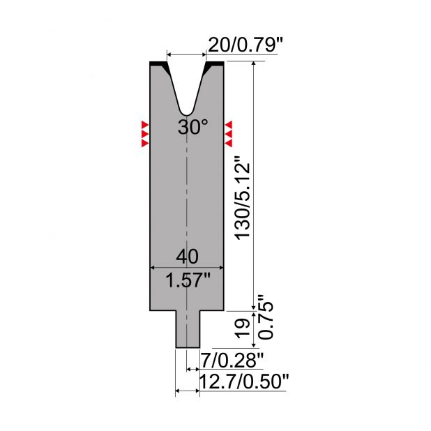 Matrize R4 mit Arbeitshöhe=130mm, α=30°, Radius=3mm, Material=42Cr, Max. Presskraft=380kN/m.