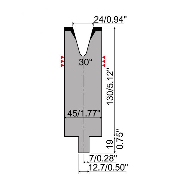 Matrize R4 mit Arbeitshöhe=130mm, α=30°, Radius=3mm, Material=42Cr, Max. Presskraft=550kN/m.