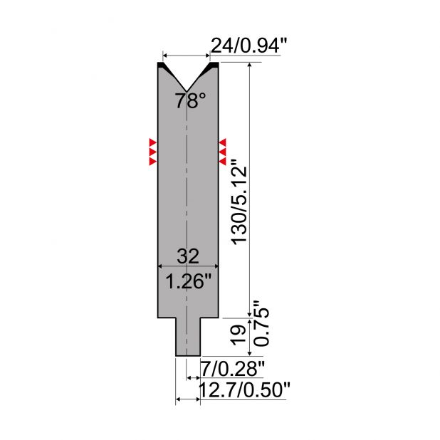 Matrize R4 mit Arbeitshöhe=130mm, α=78°, Radius=3mm, Material=42Cr, Max. Presskraft=1000kN/m.