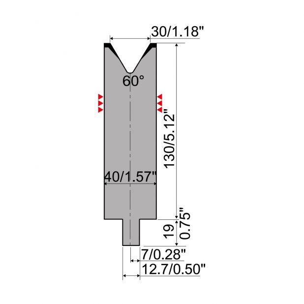 Matrize R4 mit Arbeitshöhe=130mm, α=60°, Radius=3mm, Material=42Cr, Max. Presskraft=500kN/m.