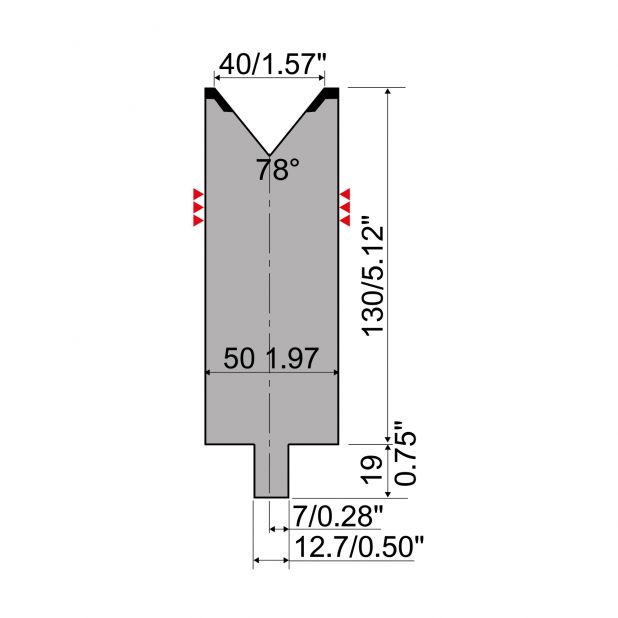 Matrize R4 mit Arbeitshöhe=130mm, α=78°, Radius=4mm, Material=42Cr, Max. Presskraft=1300kN/m.